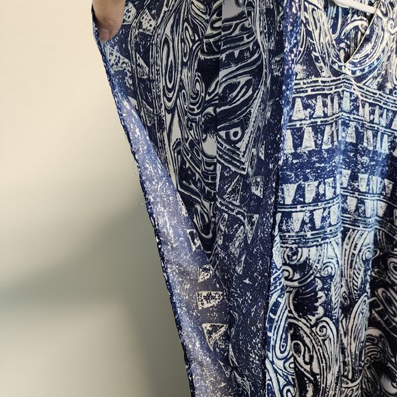 Vintage Winlar Satin Kaftan Moo Moo Mumu Porch Dress Blue Geometric One Size - Picture 8 of 9